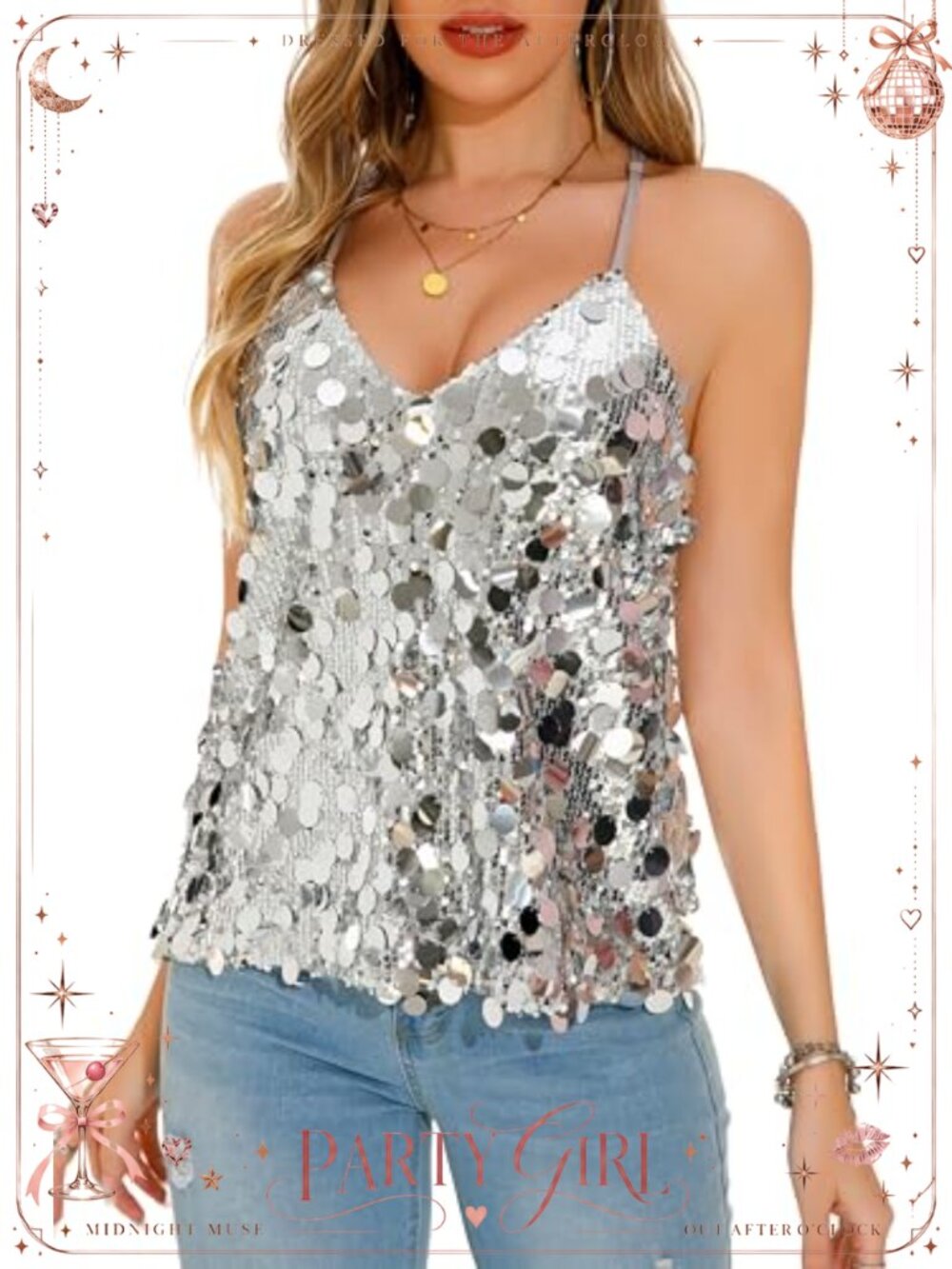 Sequin Tank Top Sparkly Strappy V Neck Party Concert Disco Rave Top